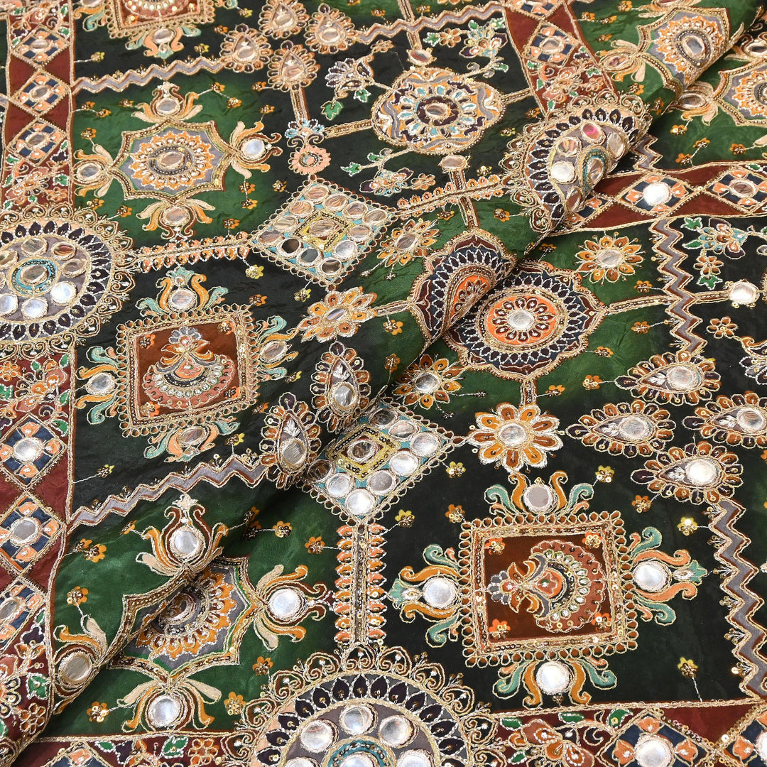 Crepe Posi Print Fabric with Zari, Sequins & Mirror Embroidery | Designer Ethnic Fabric | V2712C-3