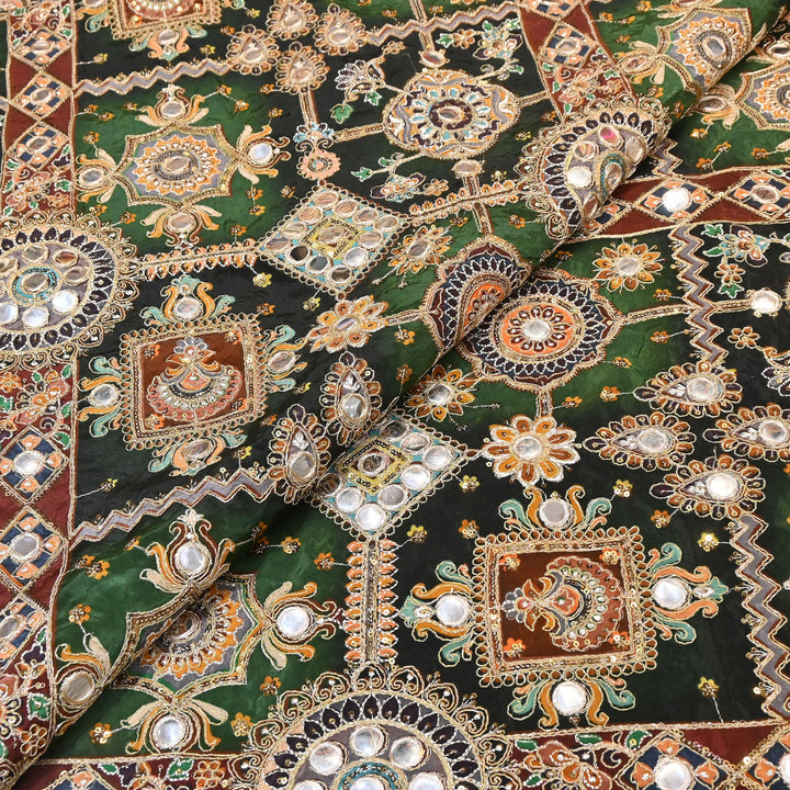 Crepe Posi Print Fabric with Zari, Sequins & Mirror Embroidery | Designer Ethnic Fabric | V2712C-3