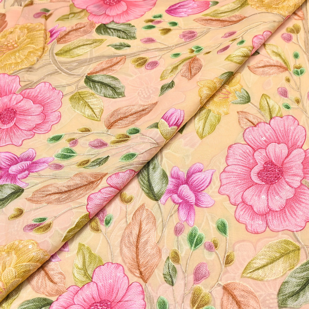 Premium Viscose Organza Position Print Thread Embroidery Fabric- V2587C-1