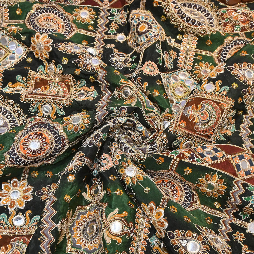 Crepe Posi Print Fabric with Zari, Sequins & Mirror Embroidery | Designer Ethnic Fabric | V2712C-3