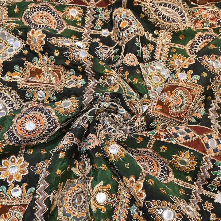 Crepe Posi Print Fabric with Zari, Sequins & Mirror Embroidery | Designer Ethnic Fabric | V2712C-3