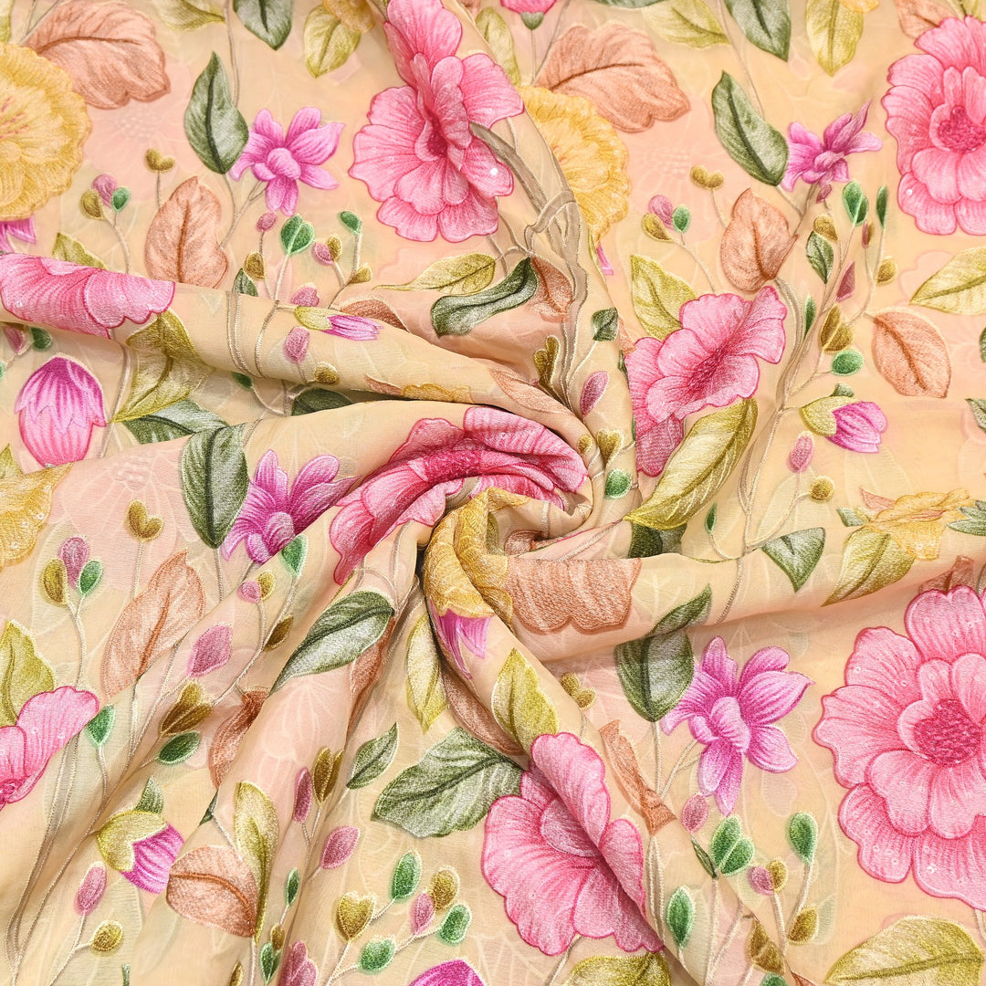 Premium Viscose Organza Position Print Thread Embroidery Fabric- V2587C-1