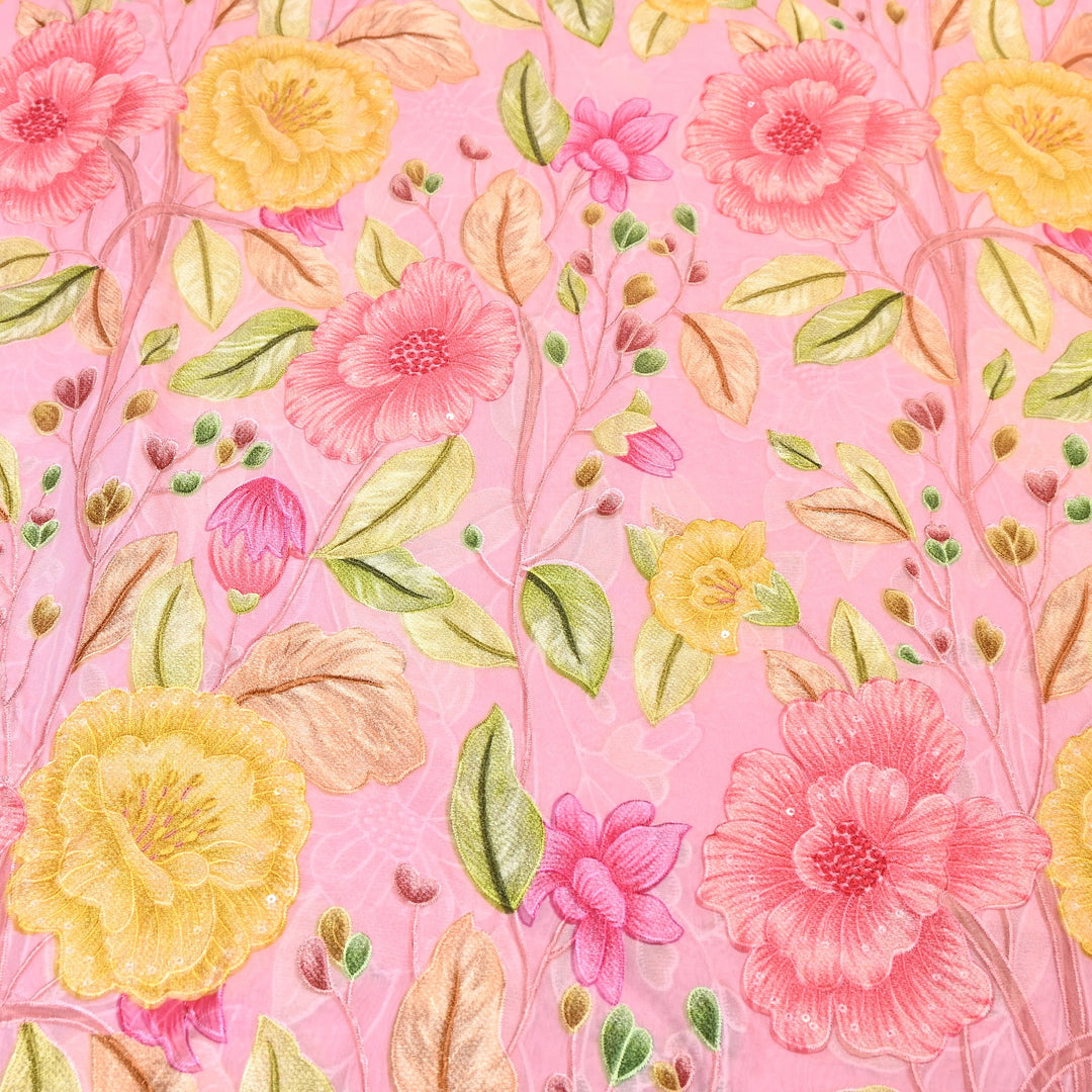 Premium Viscose Organza Position Print Thread Embroidery Fabric- V2587C-2
