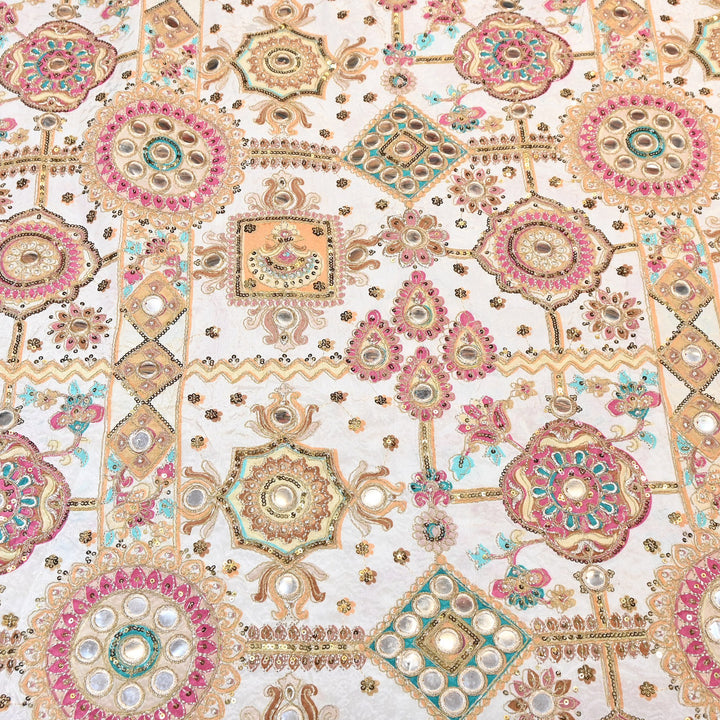 Crepe Posi Print Fabric with Zari, Sequins & Mirror Embroidery | Designer Ethnic Fabric | V2712C-1