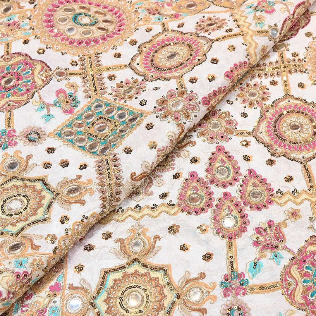 Crepe Posi Print Fabric with Zari, Sequins & Mirror Embroidery | Designer Ethnic Fabric | V2712C-1