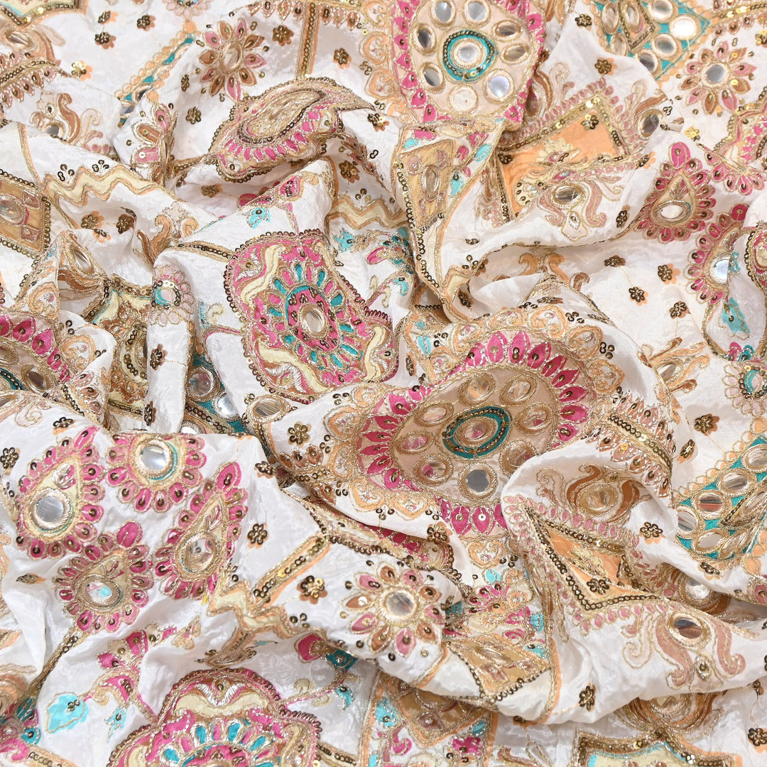 Crepe Posi Print Fabric with Zari, Sequins & Mirror Embroidery | Designer Ethnic Fabric | V2712C-1