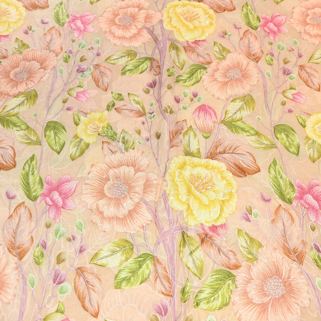Premium Viscose Organza Position Print Thread Embroidery Fabric- V2587C-3