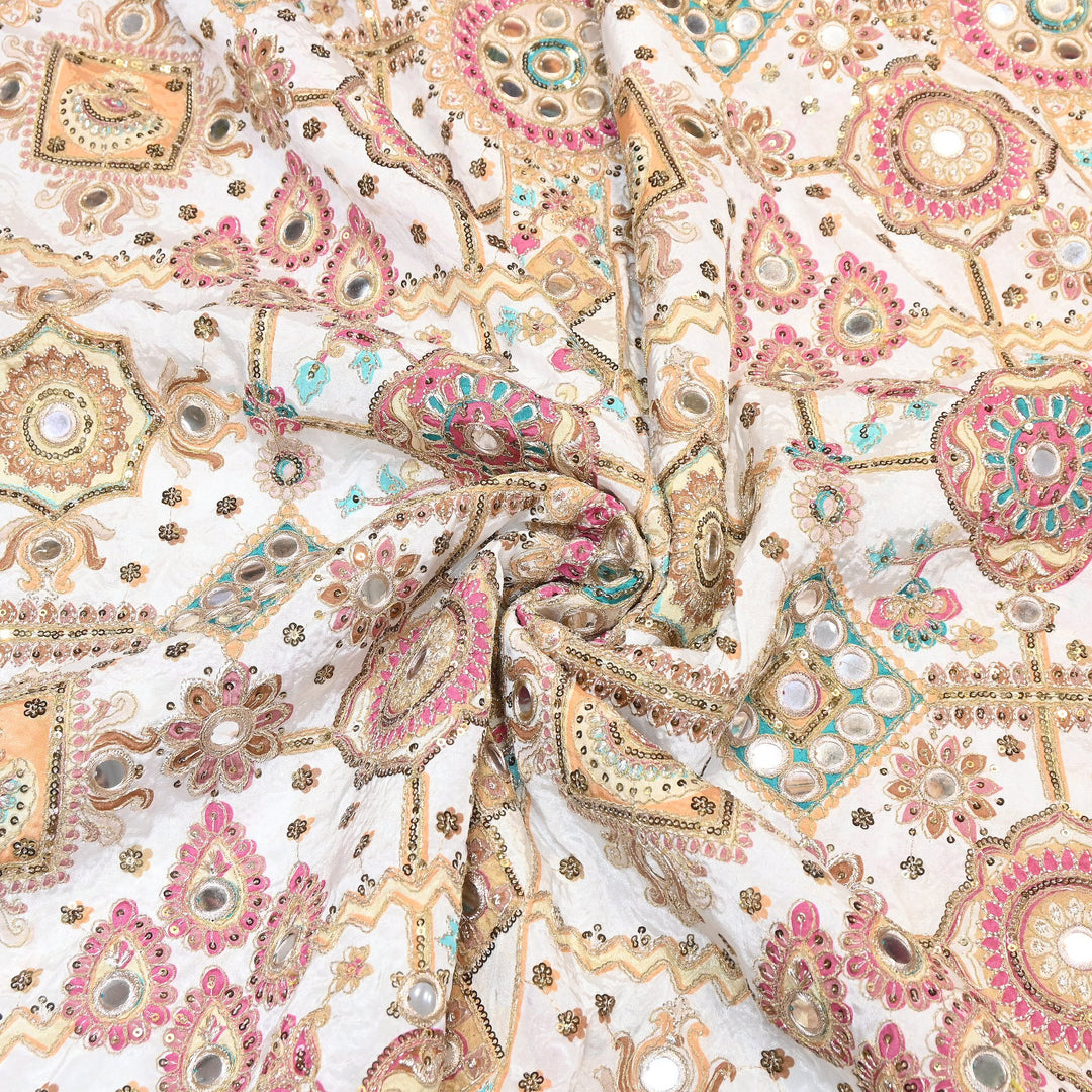 Crepe Posi Print Fabric with Zari, Sequins & Mirror Embroidery | Designer Ethnic Fabric | V2712C-1