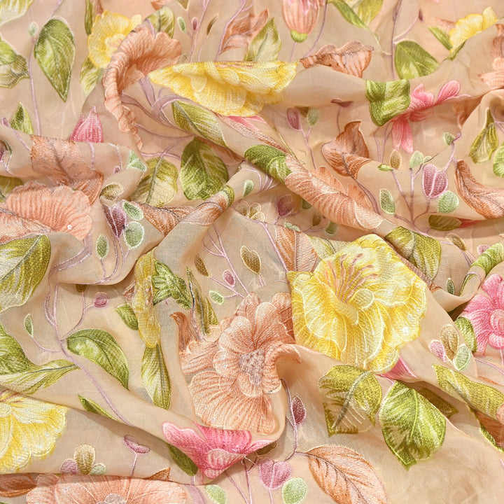Premium Viscose Organza Position Print Thread Embroidery Fabric- V2587C-3