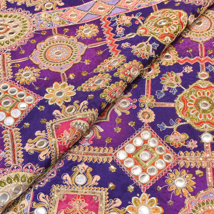 Crepe Posi Print Fabric with Zari, Sequins & Mirror Embroidery | Designer Ethnic Fabric | V2712C-4