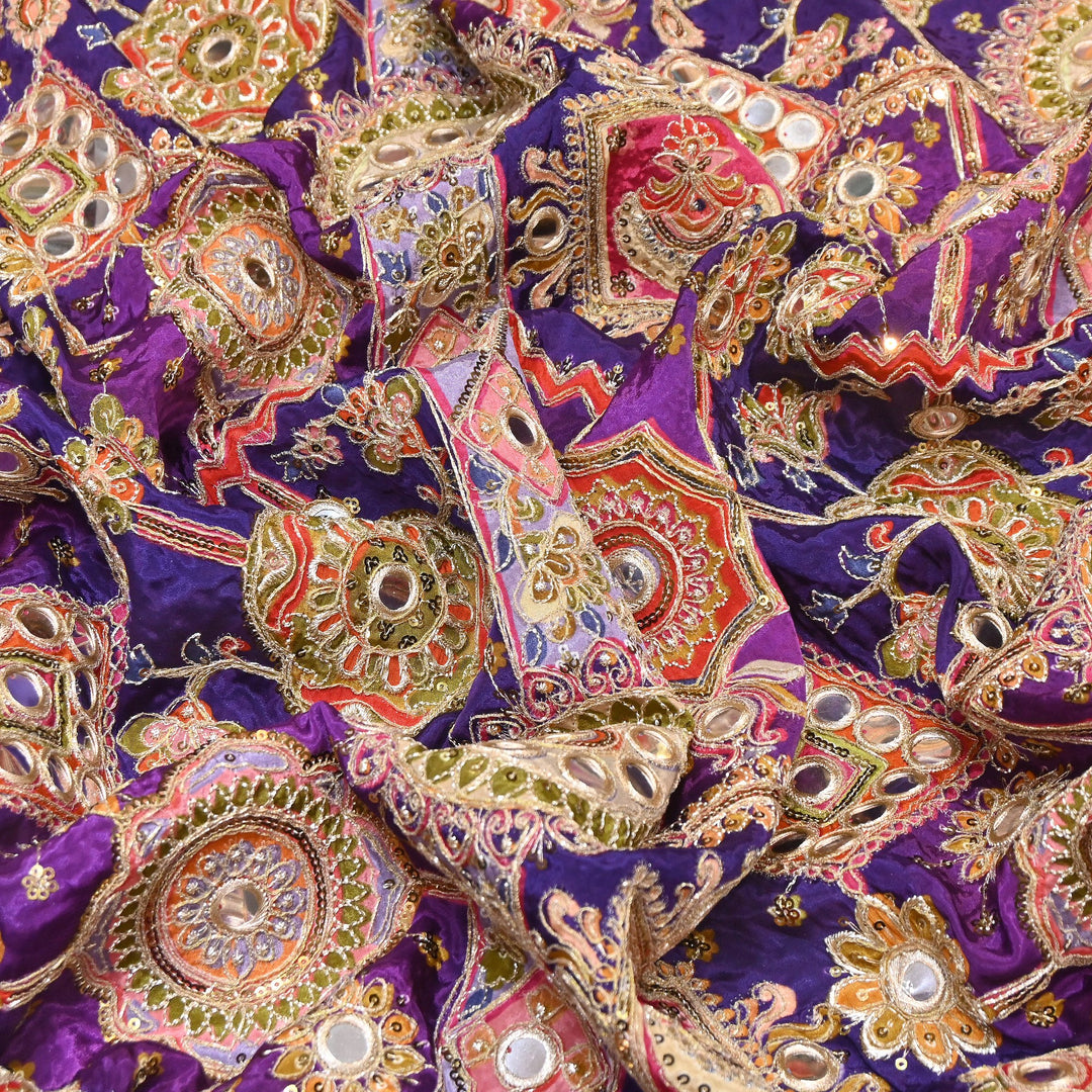 Crepe Posi Print Fabric with Zari, Sequins & Mirror Embroidery | Designer Ethnic Fabric | V2712C-4