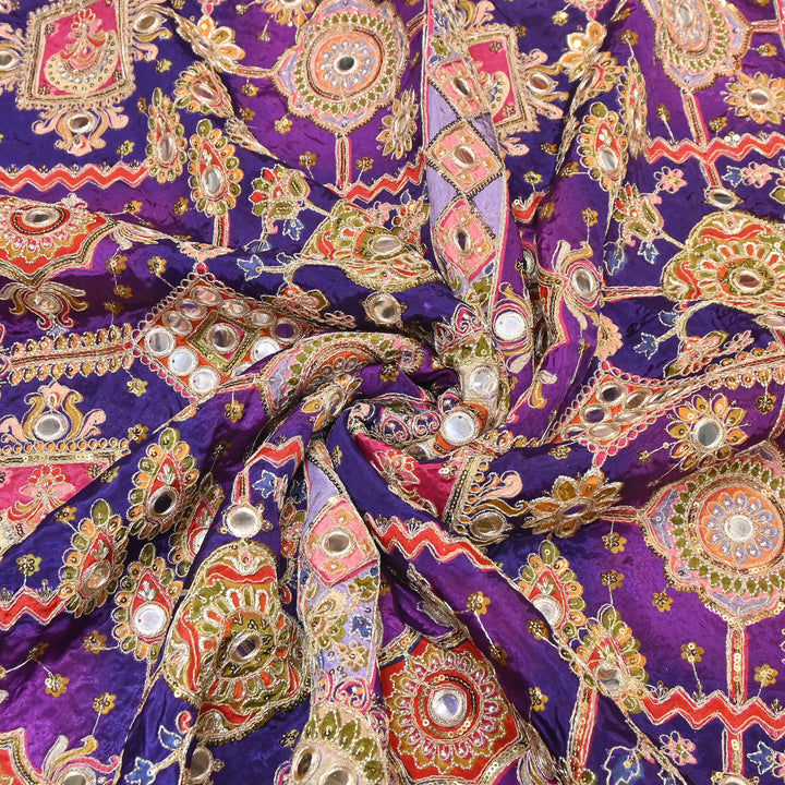 Crepe Posi Print Fabric with Zari, Sequins & Mirror Embroidery | Designer Ethnic Fabric | V2712C-4