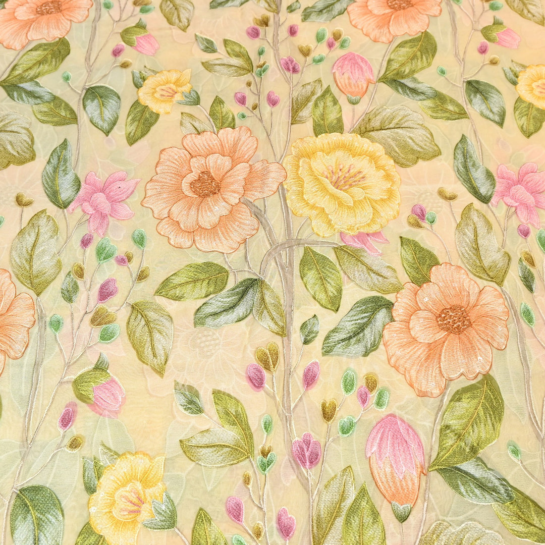 Premium Viscose Organza Position Print Thread Embroidery Fabric- V2587C-4
