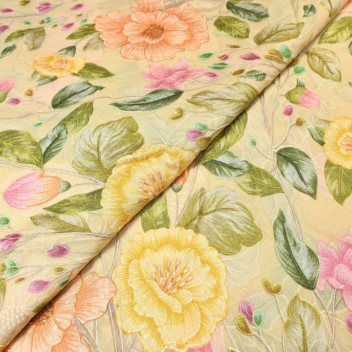 Premium Viscose Organza Position Print Thread Embroidery Fabric- V2587C-4
