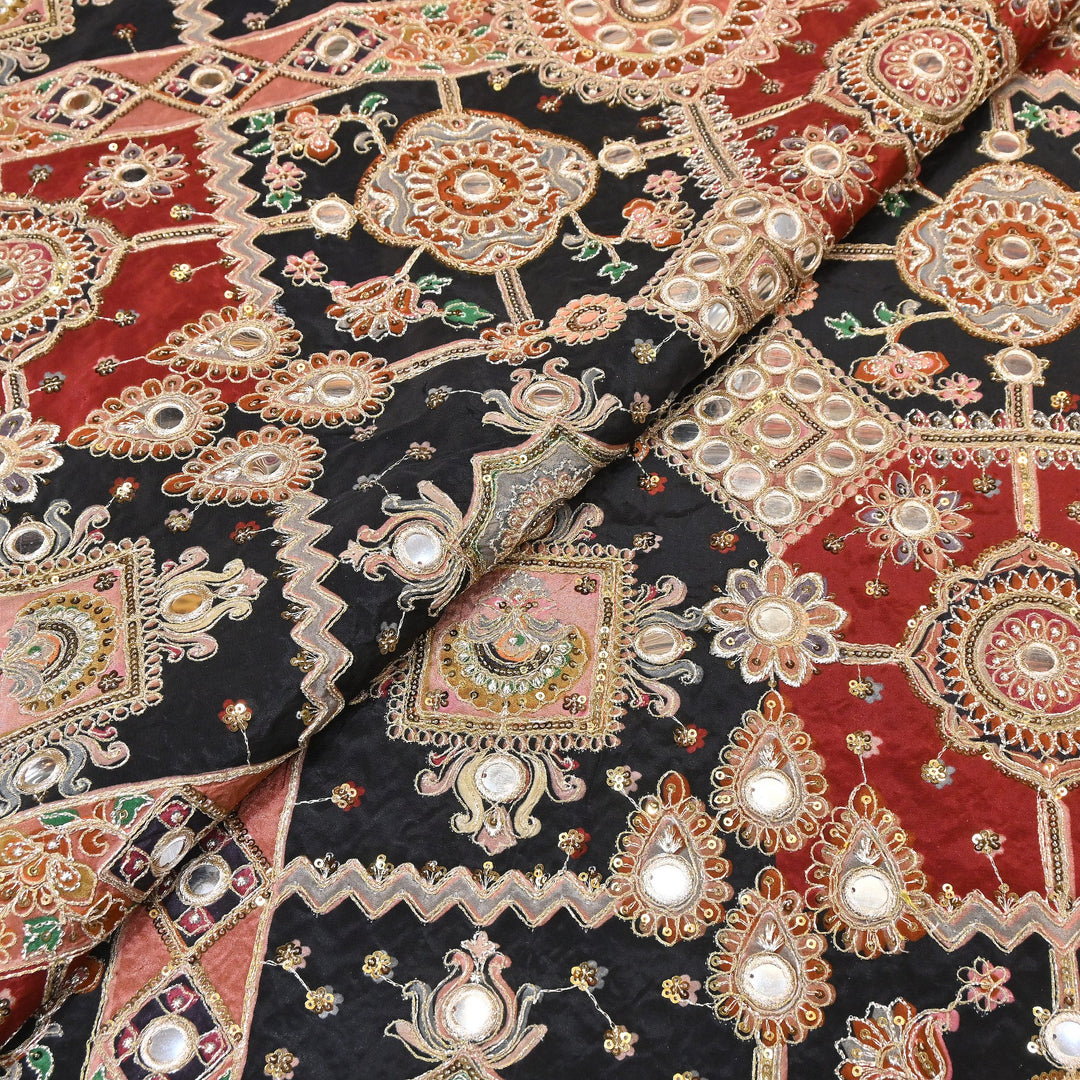 Crepe Posi Print Fabric with Zari, Sequins & Mirror Embroidery | Designer Ethnic Fabric | V2712C-6