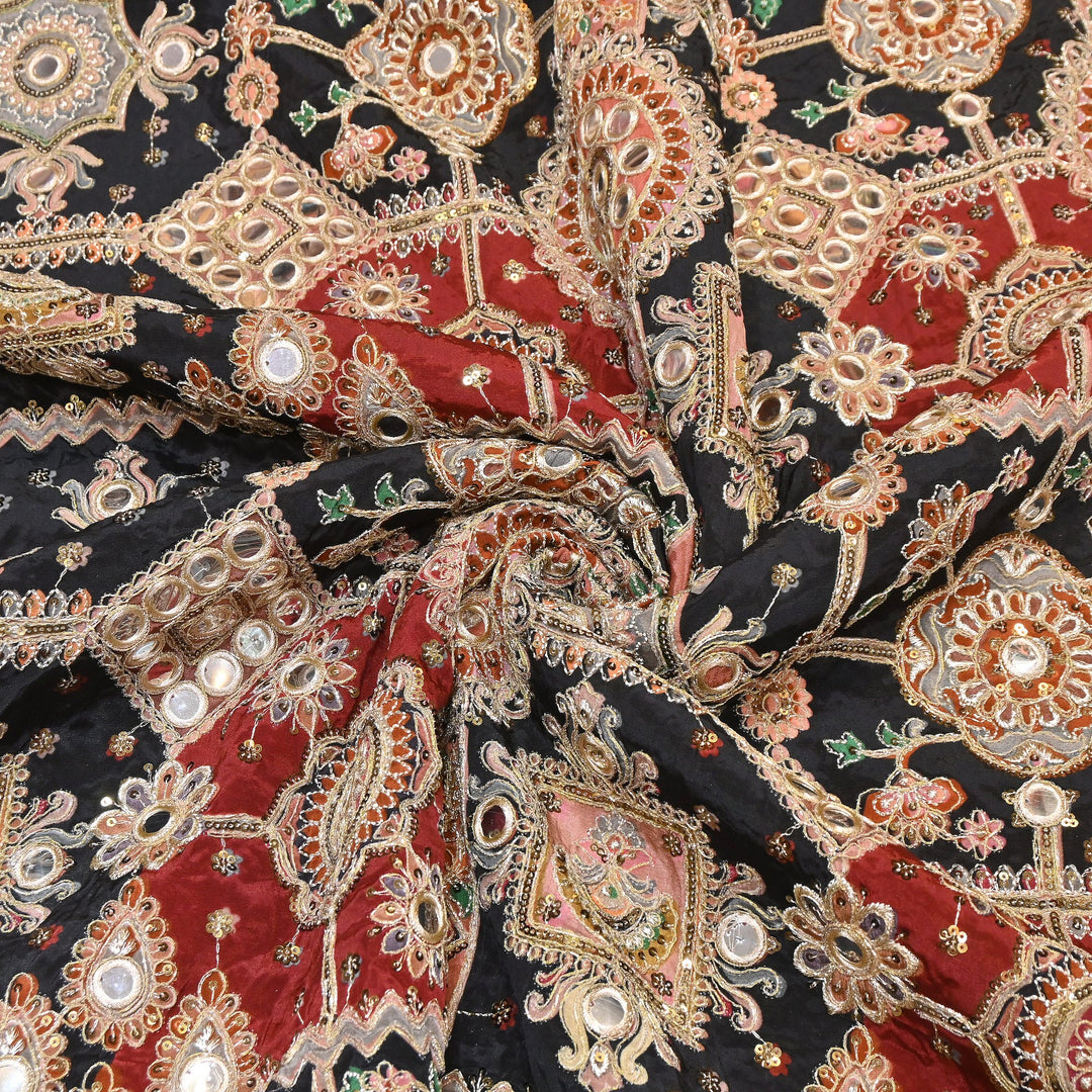 Crepe Posi Print Fabric with Zari, Sequins & Mirror Embroidery | Designer Ethnic Fabric | V2712C-6
