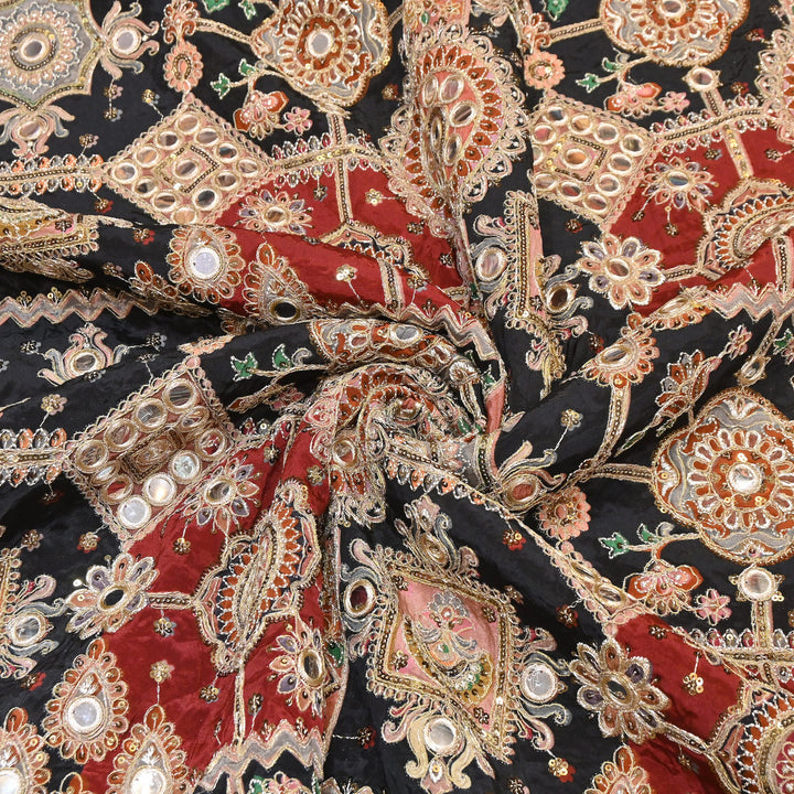 Crepe Posi Print Fabric with Zari, Sequins & Mirror Embroidery | Designer Ethnic Fabric | V2712C-6
