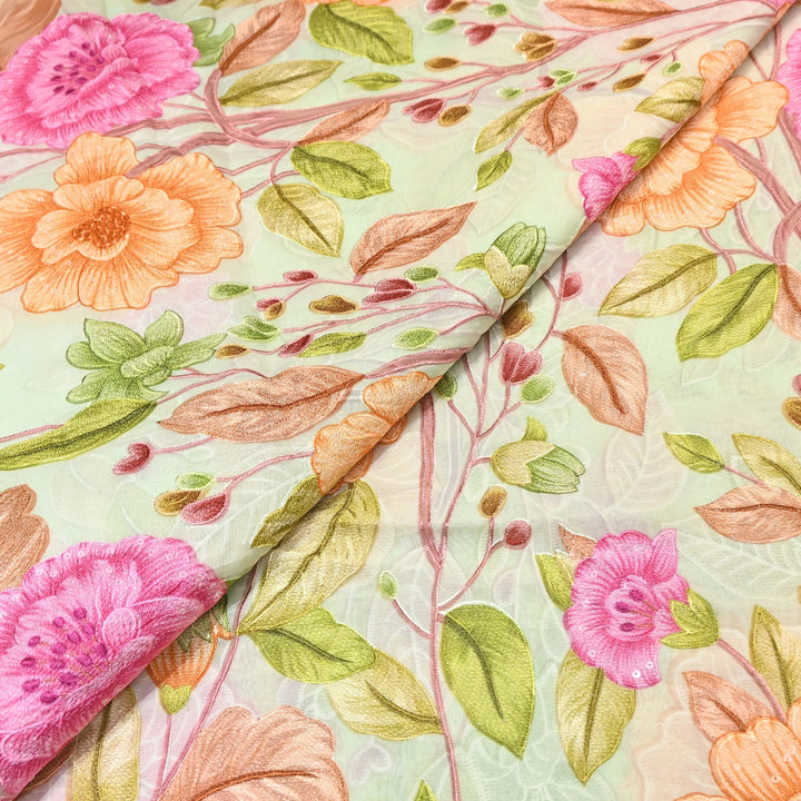 Premium Viscose Organza Position Print Thread Embroidery Fabric- V2587C-5