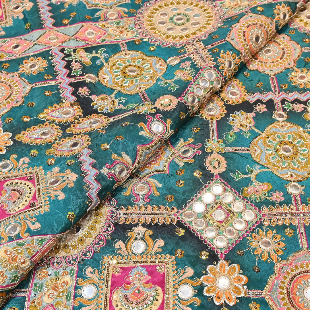 Crepe Posi Print Fabric with Zari, Sequins & Mirror Embroidery | Designer Ethnic Fabric | V2712C-7