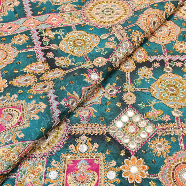 Crepe Posi Print Fabric with Zari, Sequins & Mirror Embroidery | Designer Ethnic Fabric | V2712C-7