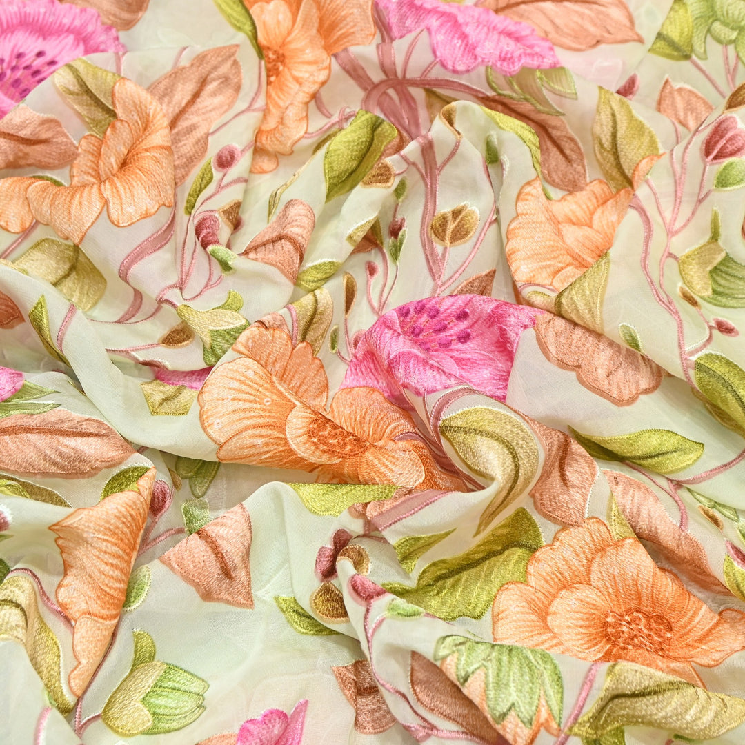 Premium Viscose Organza Position Print Thread Embroidery Fabric- V2587C-5