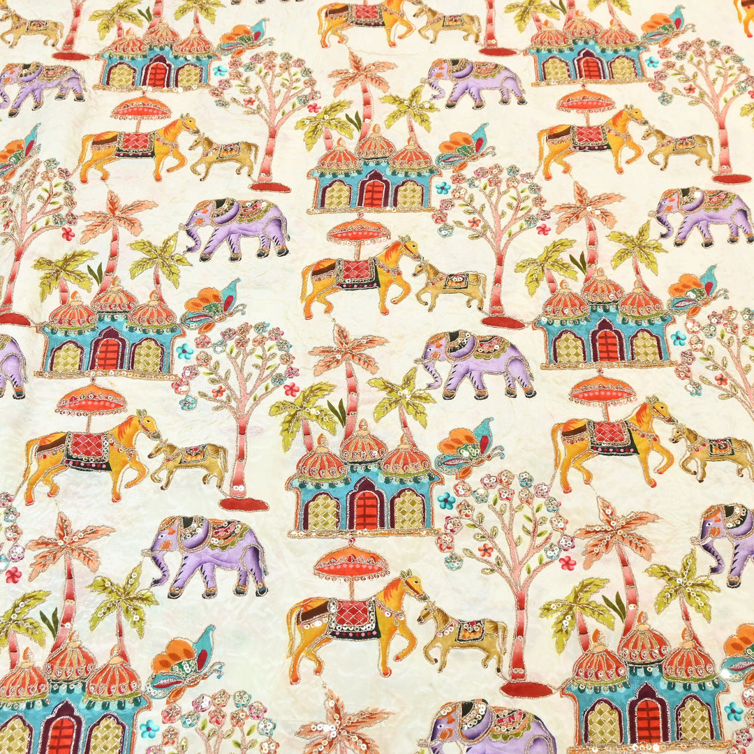 Crepe Position Print Fabric with Zari & Sequin Embroidery | Designer Motif Embroidered Fabric - UF1701-1