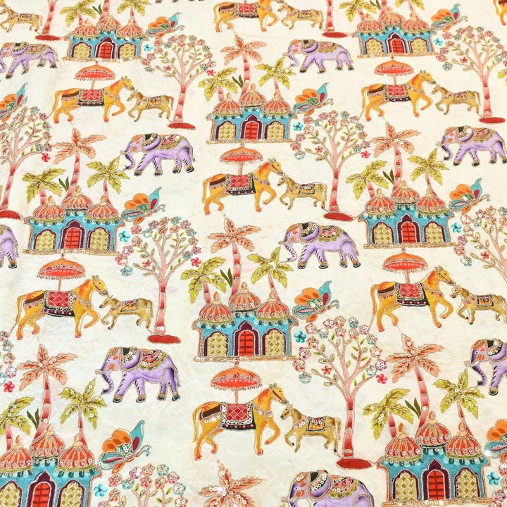 Crepe Position Print Fabric with Zari & Sequin Embroidery | Designer Motif Embroidered Fabric - UF1701-1