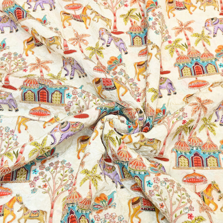 Crepe Position Print Fabric with Zari & Sequin Embroidery | Designer Motif Embroidered Fabric - UF1701-1