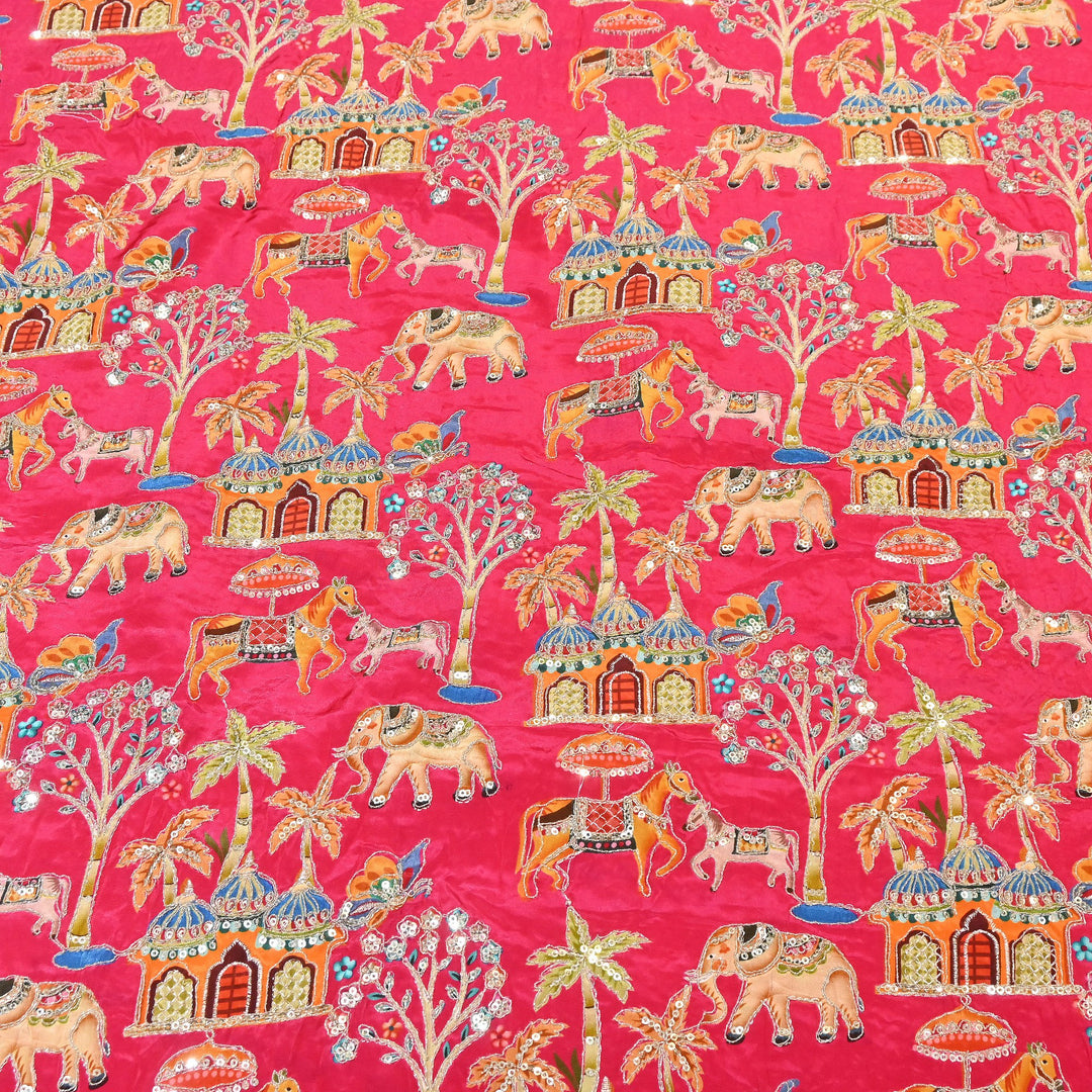 Crepe Position Print Fabric with Zari & Sequin Embroidery | Designer Motif Embroidered Fabric - UF1701-4