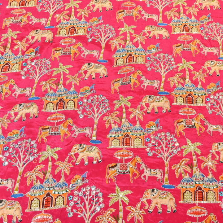 Crepe Position Print Fabric with Zari & Sequin Embroidery | Designer Motif Embroidered Fabric - UF1701-4