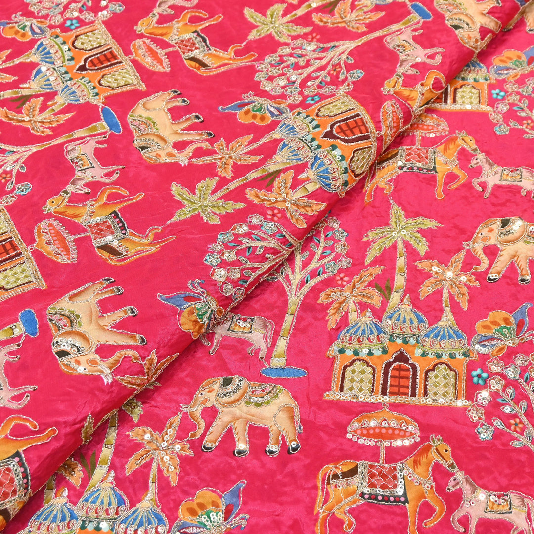 Crepe Position Print Fabric with Zari & Sequin Embroidery | Designer Motif Embroidered Fabric - UF1701-4