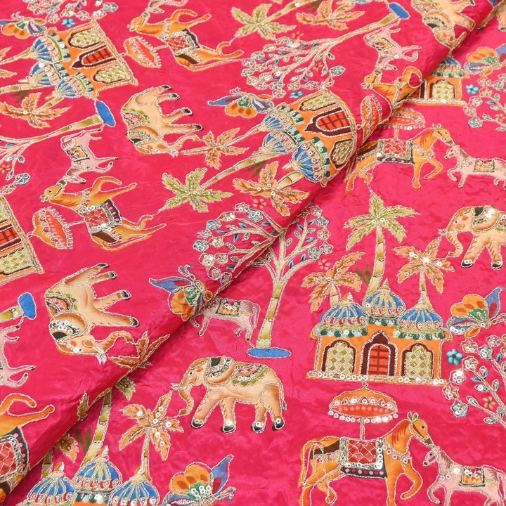 Crepe Position Print Fabric with Zari & Sequin Embroidery | Designer Motif Embroidered Fabric - UF1701-4