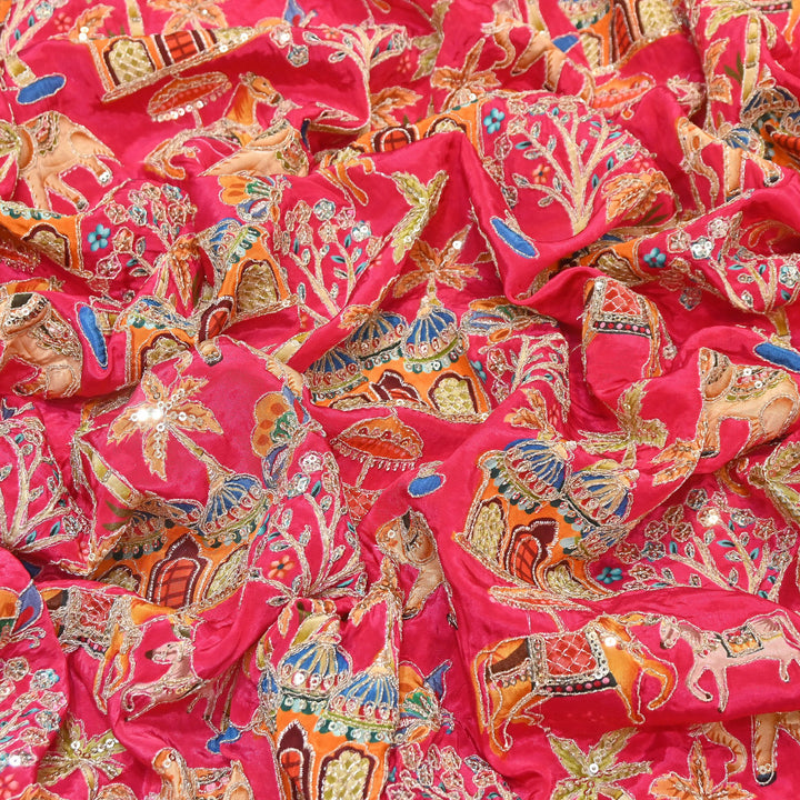 Crepe Position Print Fabric with Zari & Sequin Embroidery | Designer Motif Embroidered Fabric - UF1701-4