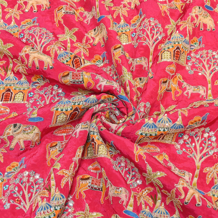 Crepe Position Print Fabric with Zari & Sequin Embroidery | Designer Motif Embroidered Fabric - UF1701-4