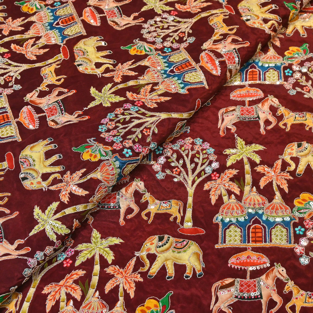 Crepe Position Print Fabric with Zari & Sequin Embroidery | Designer Motif Embroidered Fabric - UF1701-2