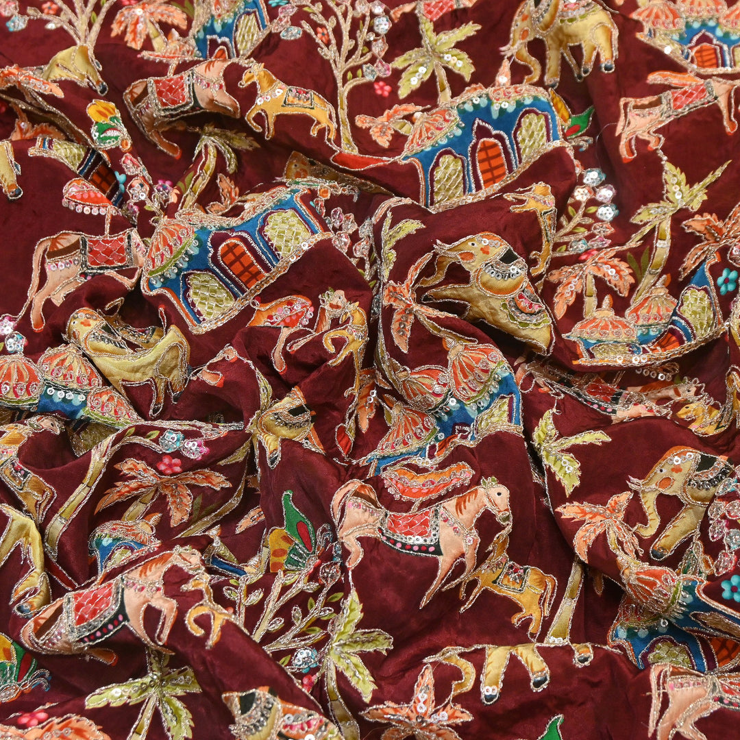 Crepe Position Print Fabric with Zari & Sequin Embroidery | Designer Motif Embroidered Fabric - UF1701-2