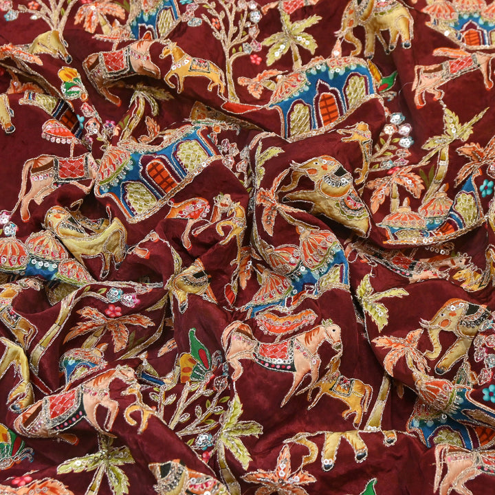 Crepe Position Print Fabric with Zari & Sequin Embroidery | Designer Motif Embroidered Fabric - UF1701-2