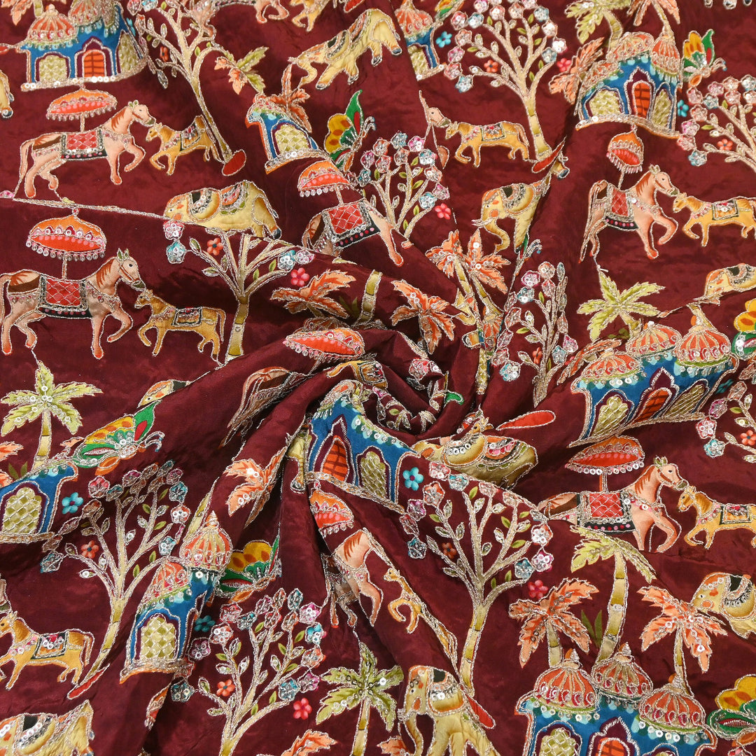 Crepe Position Print Fabric with Zari & Sequin Embroidery | Designer Motif Embroidered Fabric - UF1701-2