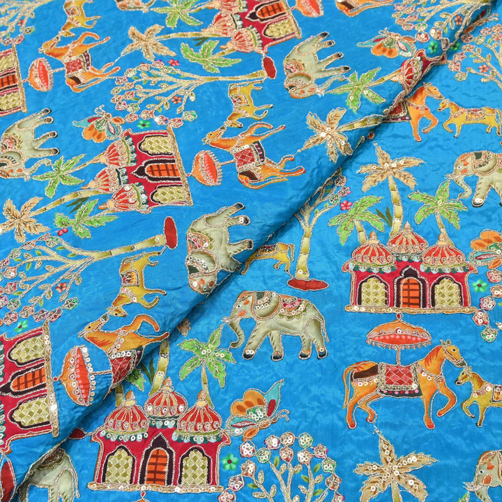 Crepe Position Print Fabric with Zari & Sequin Embroidery | Designer Motif Embroidered Fabric - UF1701-3