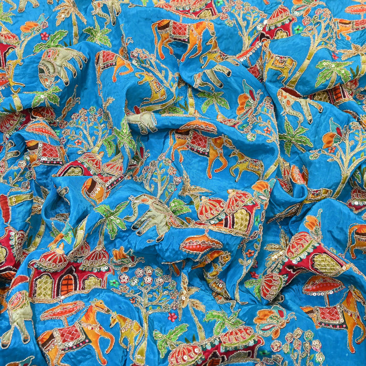 Crepe Position Print Fabric with Zari & Sequin Embroidery | Designer Motif Embroidered Fabric - UF1701-3