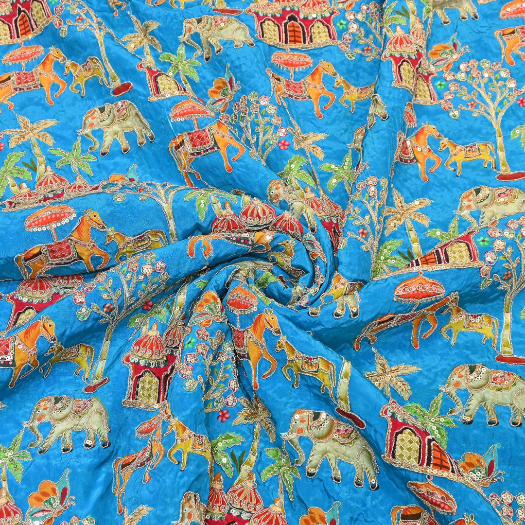 Crepe Position Print Fabric with Zari & Sequin Embroidery | Designer Motif Embroidered Fabric - UF1701-3