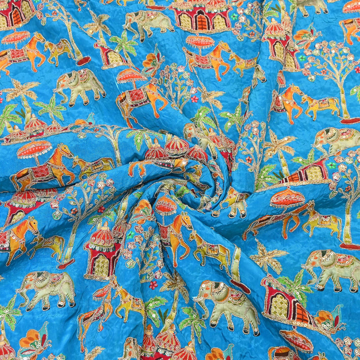 Crepe Position Print Fabric with Zari & Sequin Embroidery | Designer Motif Embroidered Fabric - UF1701-3