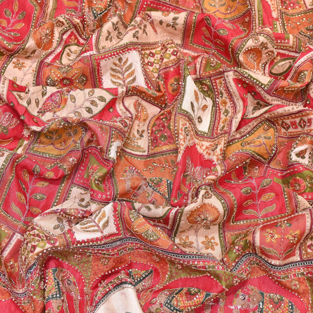 Elegant Dola Floral Position Print Fabric with Moti & Sequins Embroidery - V2725C-06