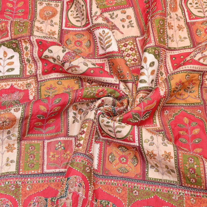 Elegant Dola Floral Position Print Fabric with Moti & Sequins Embroidery - V2725C-06