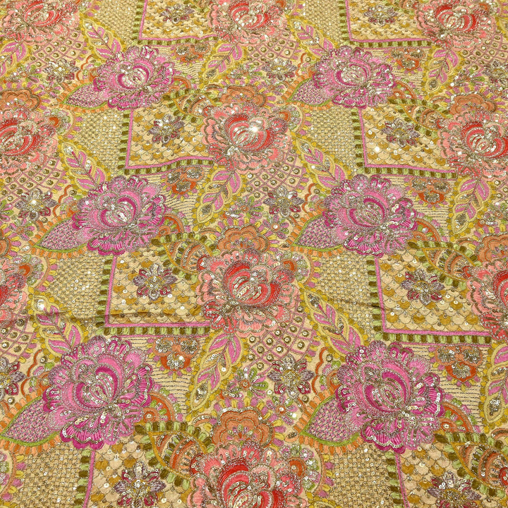 Premium Crape Position Print Zari & Sequins Embroidery Fabric | HI6826-1