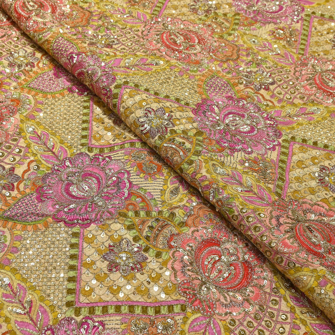 Premium Crape Position Print Zari & Sequins Embroidery Fabric | HI6826-1