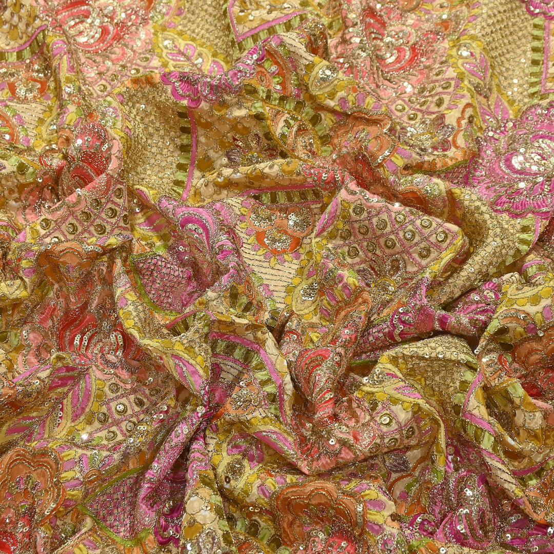 Premium Crape Position Print Zari & Sequins Embroidery Fabric | HI6826-1