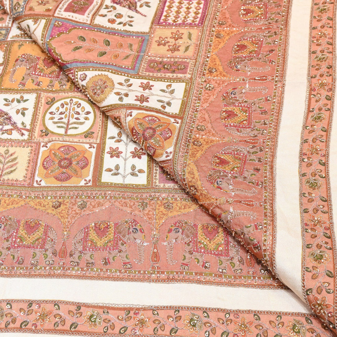 Elegant Dola Floral Position Print Fabric with Moti & Sequins Embroidery - V2725C-03