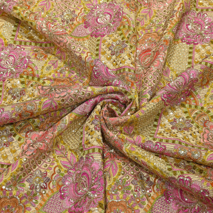 Premium Crape Position Print Zari & Sequins Embroidery Fabric | HI6826-1