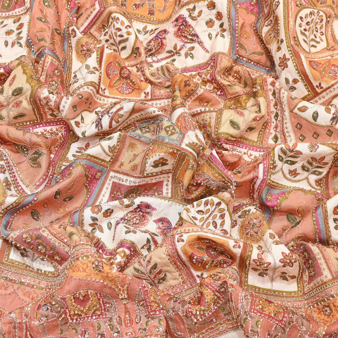 Elegant Dola Floral Position Print Fabric with Moti & Sequins Embroidery - V2725C-03